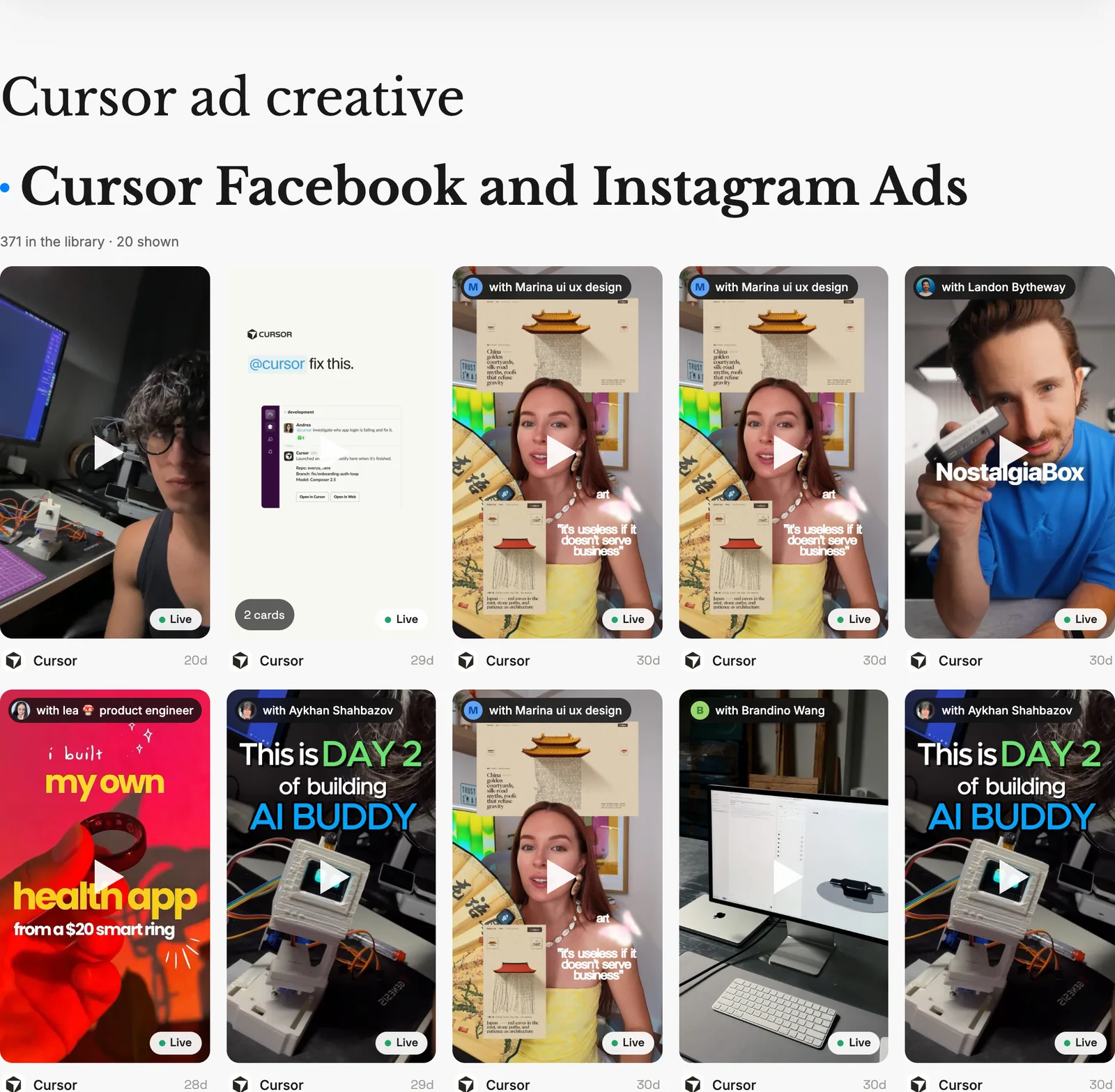 Grid of Cursor’s live Facebook and Instagram ads with run length on the Sprites Ads Library