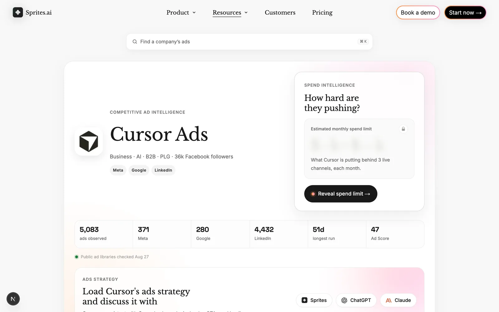 Cursor advertiser page on the Sprites Ads Library with Google, Meta and LinkedIn ad counts side by side