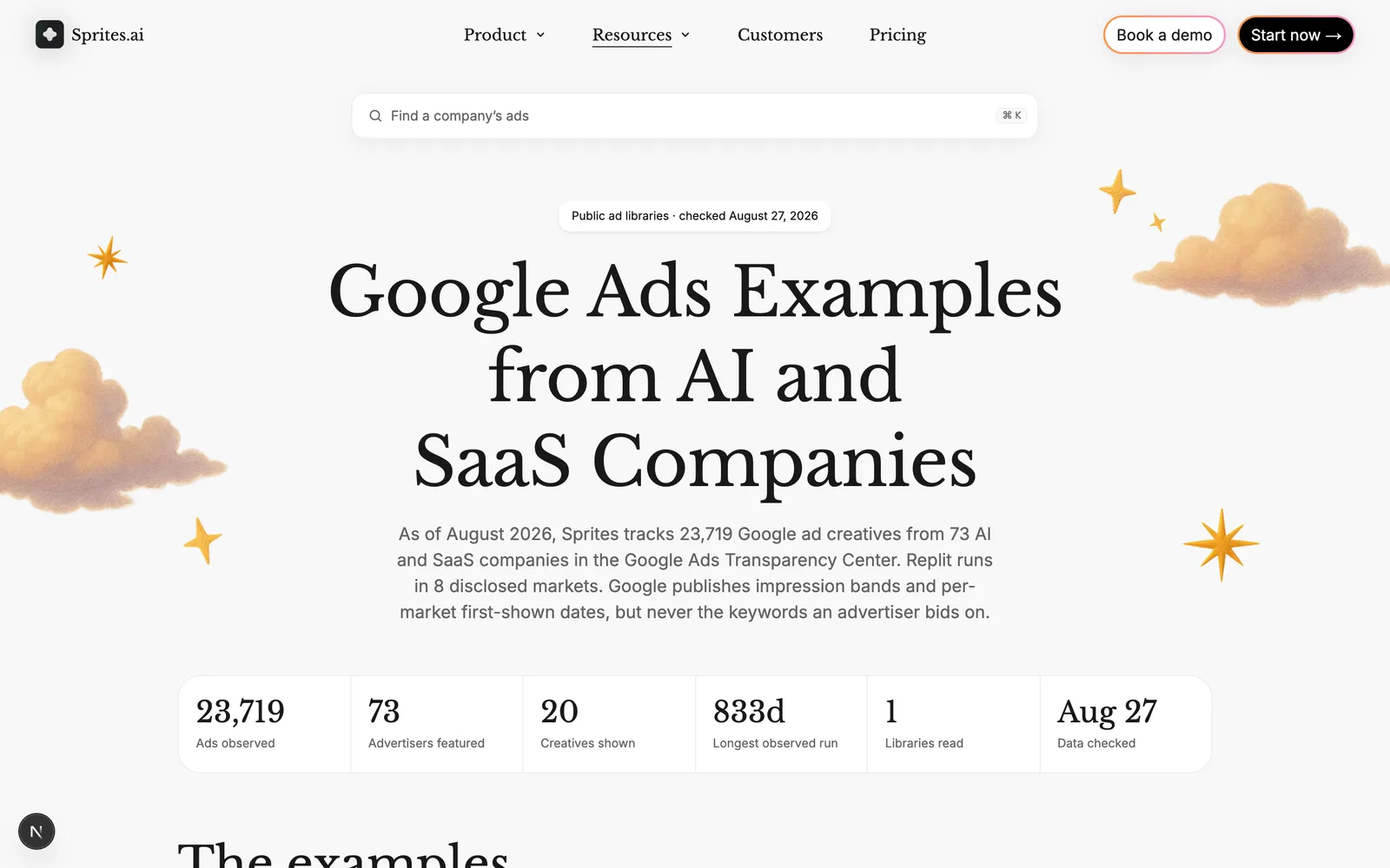 Google Ads Examples from AI and SaaS companies on the Sprites Ads Library, with ads observed, advertisers featured and longest observed run