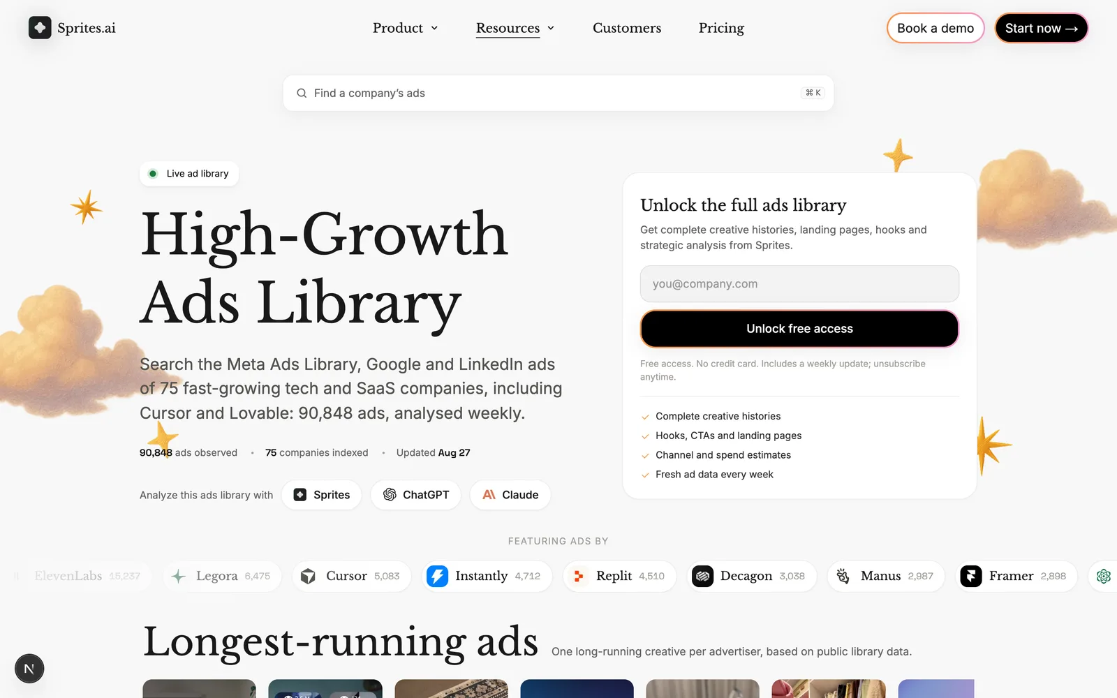 The Sprites Ads Library home page: a Meta, Google and LinkedIn ads library with a company search, live ad count and weekly refresh