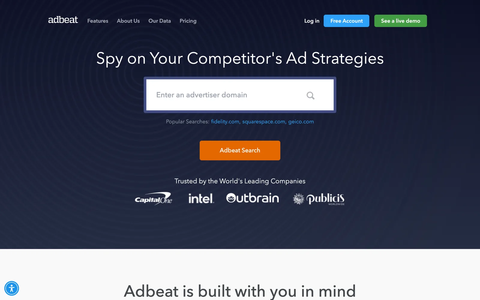 Adbeat home page, a display and native ad intelligence platform