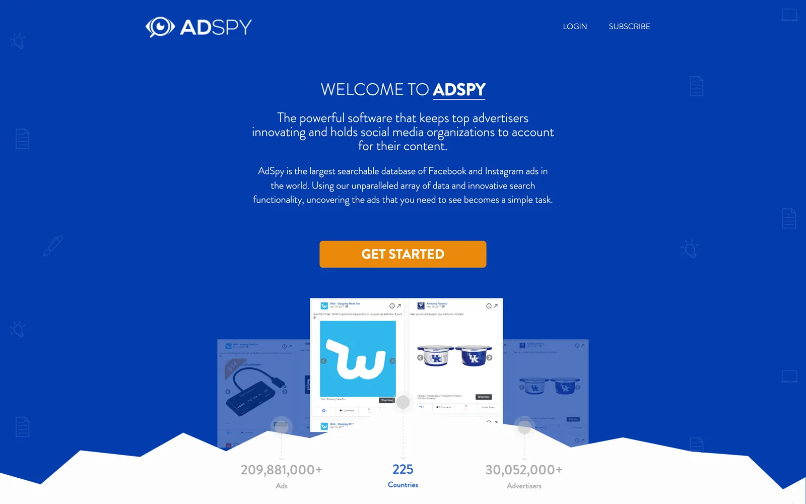 AdSpy home page, the largest searchable database of Facebook and Instagram ads
