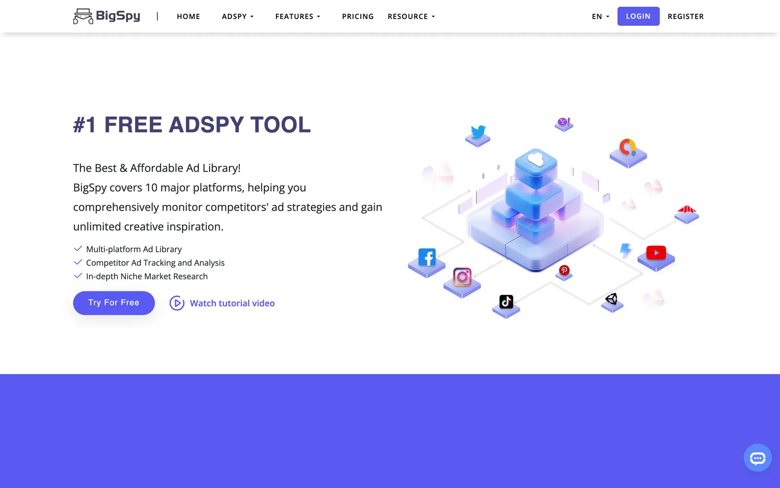 BigSpy home page, an ad spy tool covering Facebook, Instagram, TikTok, YouTube and Pinterest