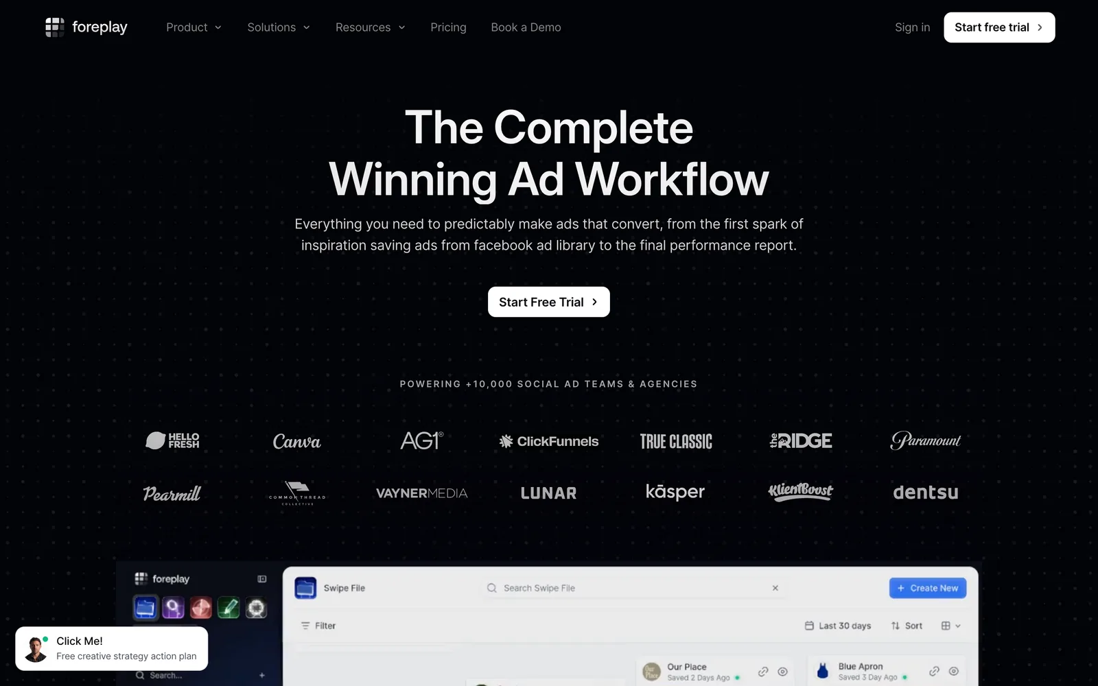 Foreplay home page, a swipe file and ad research tool for creative teams