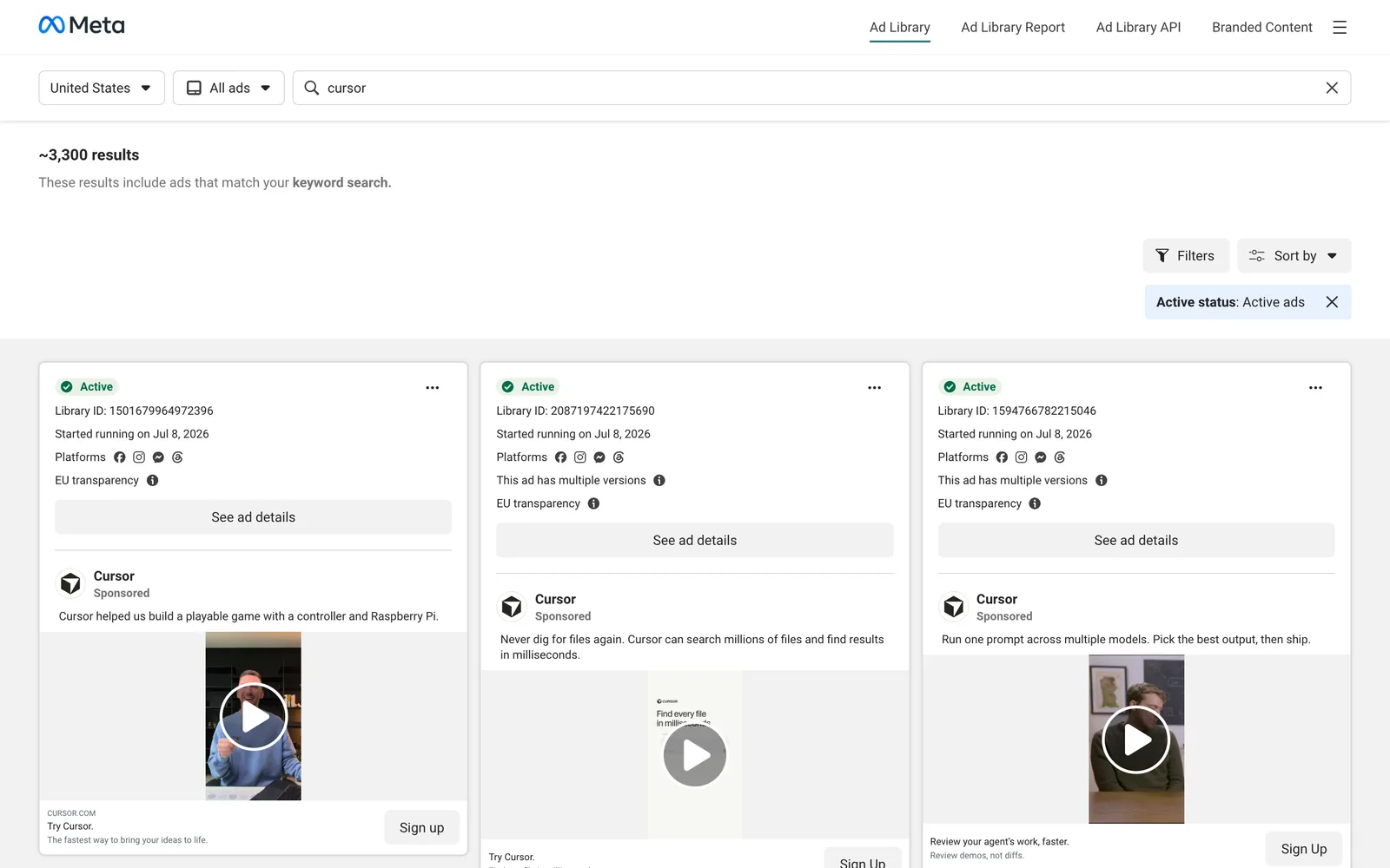 The Meta Ad Library search results page for a keyword search, showing active Facebook and Instagram ads
