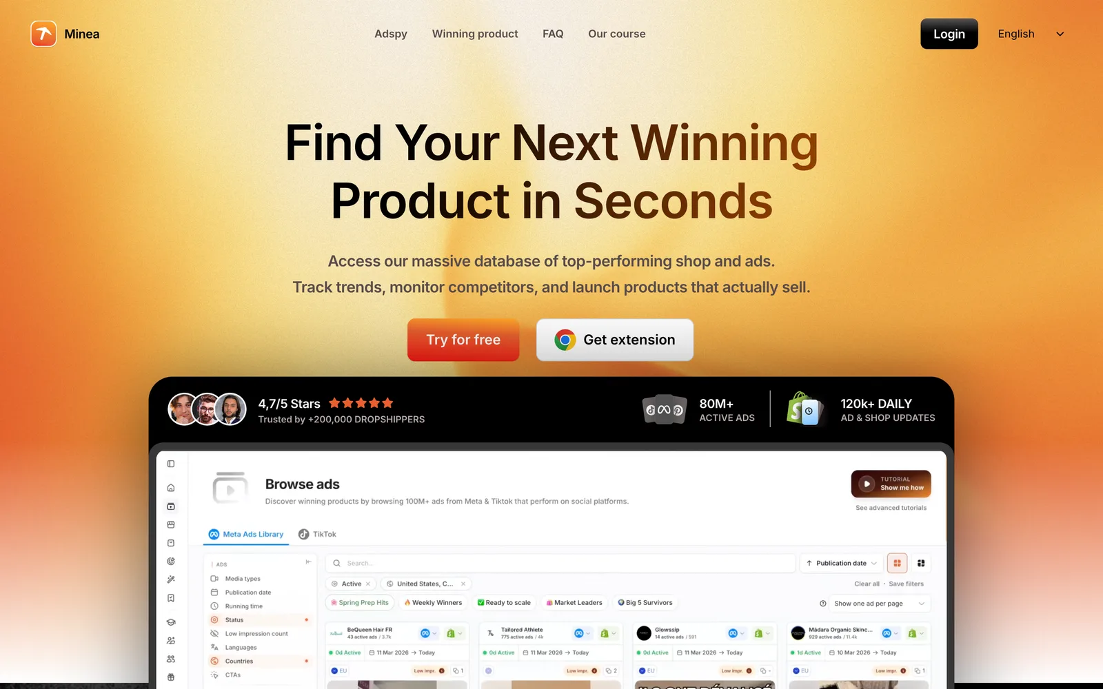 Minea home page, an ad spy and product research tool for ecommerce and dropshipping
