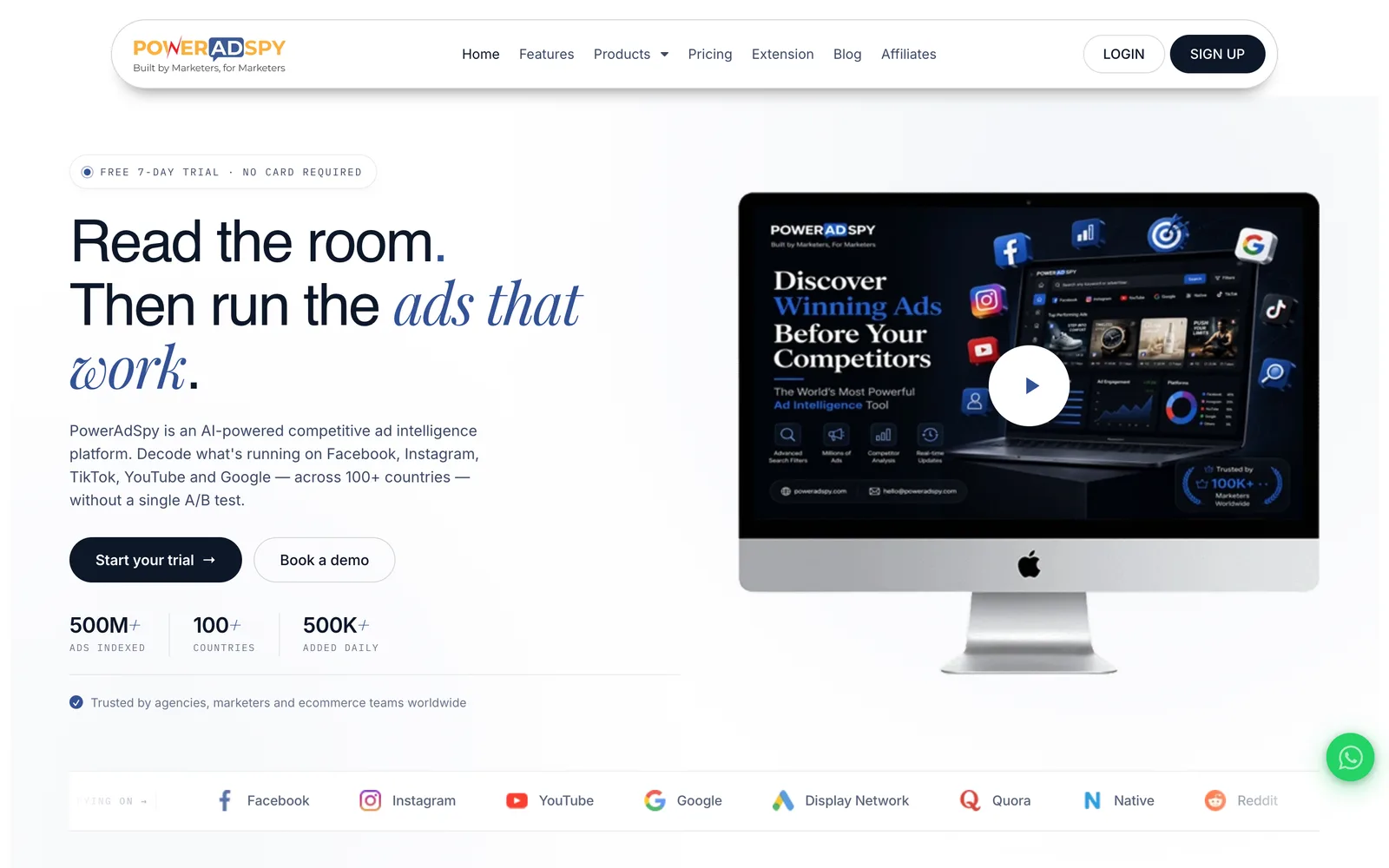 PowerAdSpy home page, an ad intelligence tool covering Facebook, Instagram, YouTube, Google and native networks