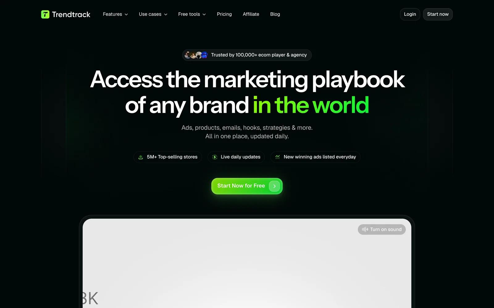 TrendTrack home page, an ad spy and Shopify store tracking tool